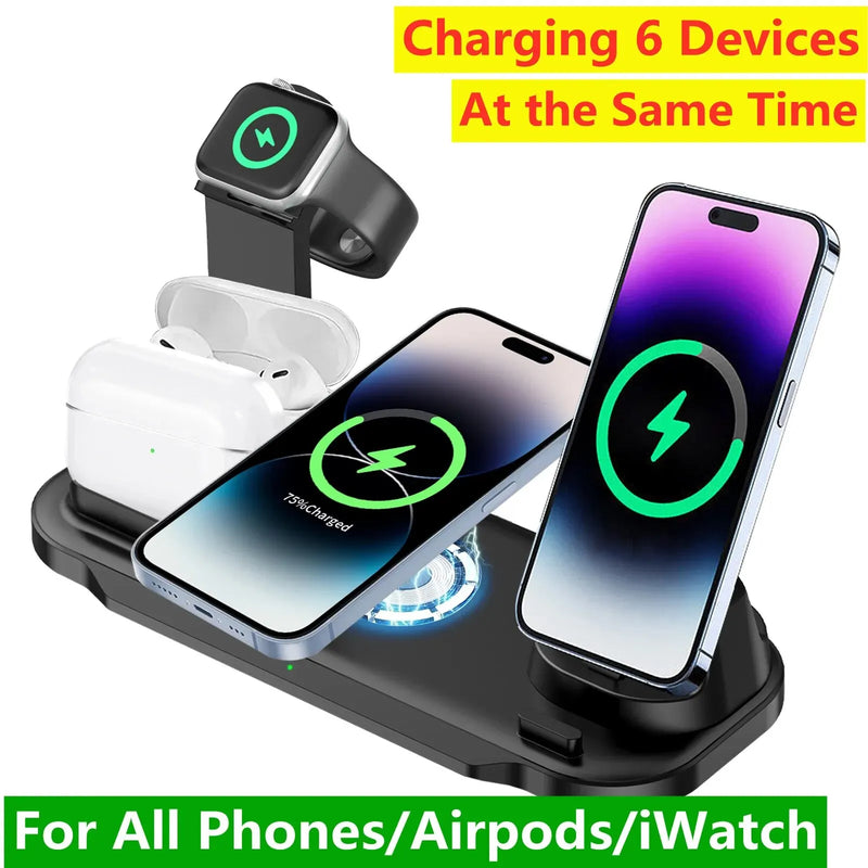 6 in 1 Wireless Charger Stand Pad for Iphone 15 14 13 12 11 X Apple Watch Airpods Desk Phone Chargers Fast Charging Dock Station